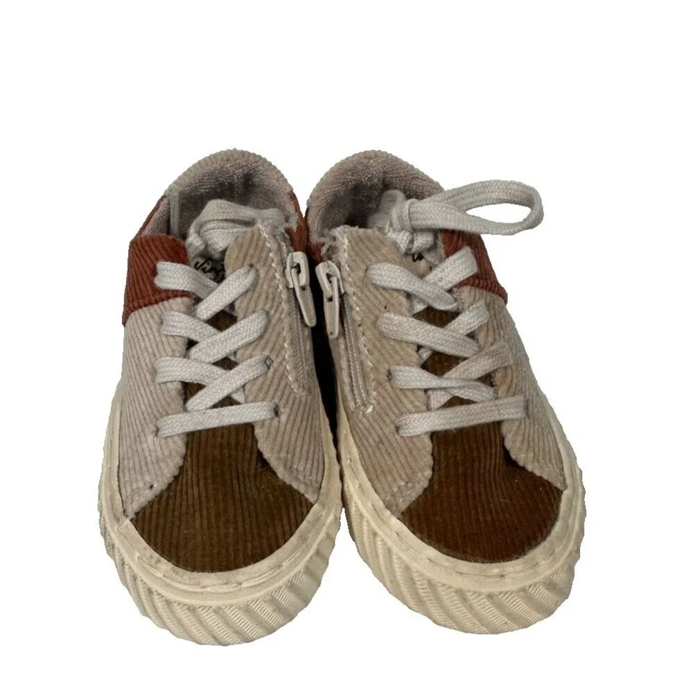 Zara Corduroy Patchwork Sneakers Shoes Size 20 Euro 4.5-5 US Brown Tan Zip & Tie